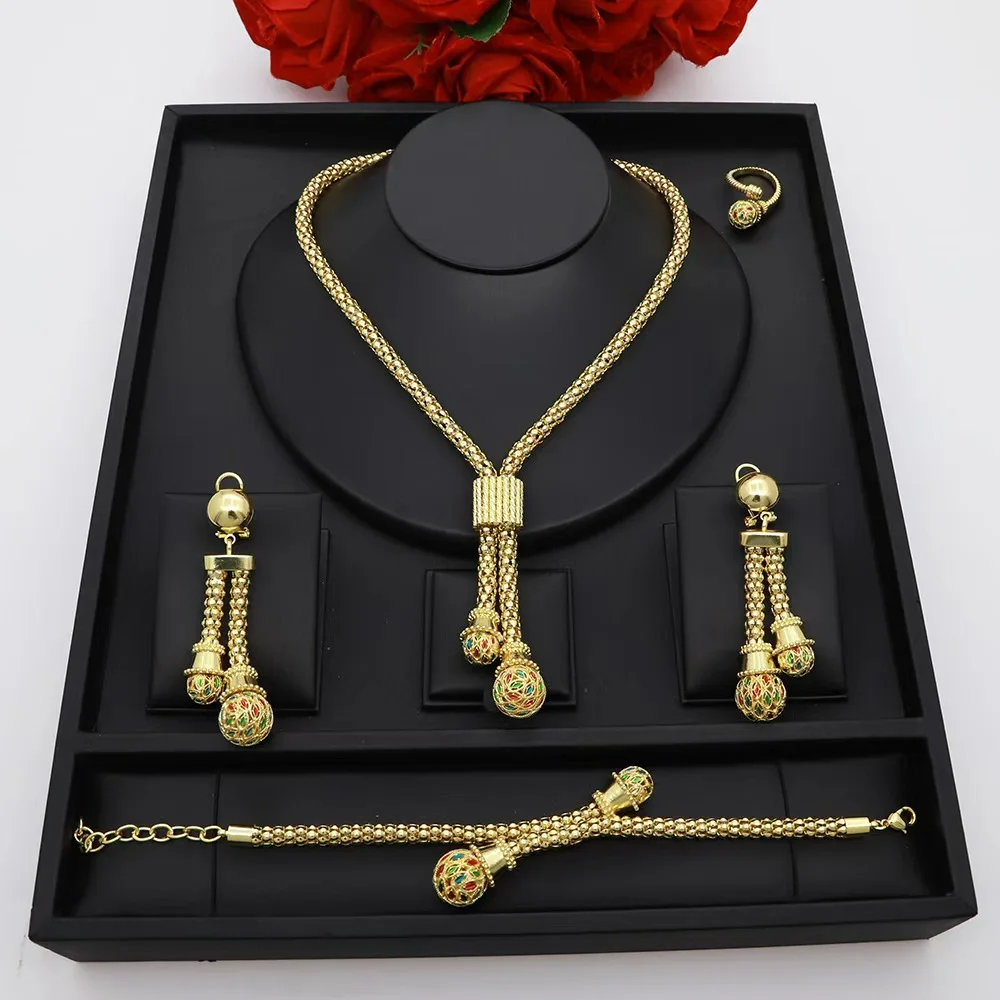 Original Women Luxury Jewelry Set Fashion Design Tricolor Round Ball Decoration Necklaces Earrings Bracelet Ring Party Gift