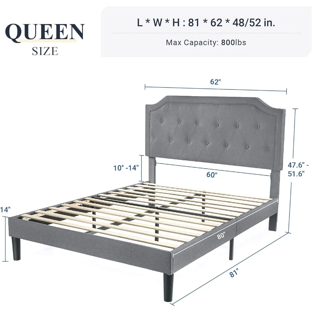 Upholstered Queen Size Platform Bed Frame with Adjustable and Curved Corner Design Headboard, Easy Assembly, No Box Spring