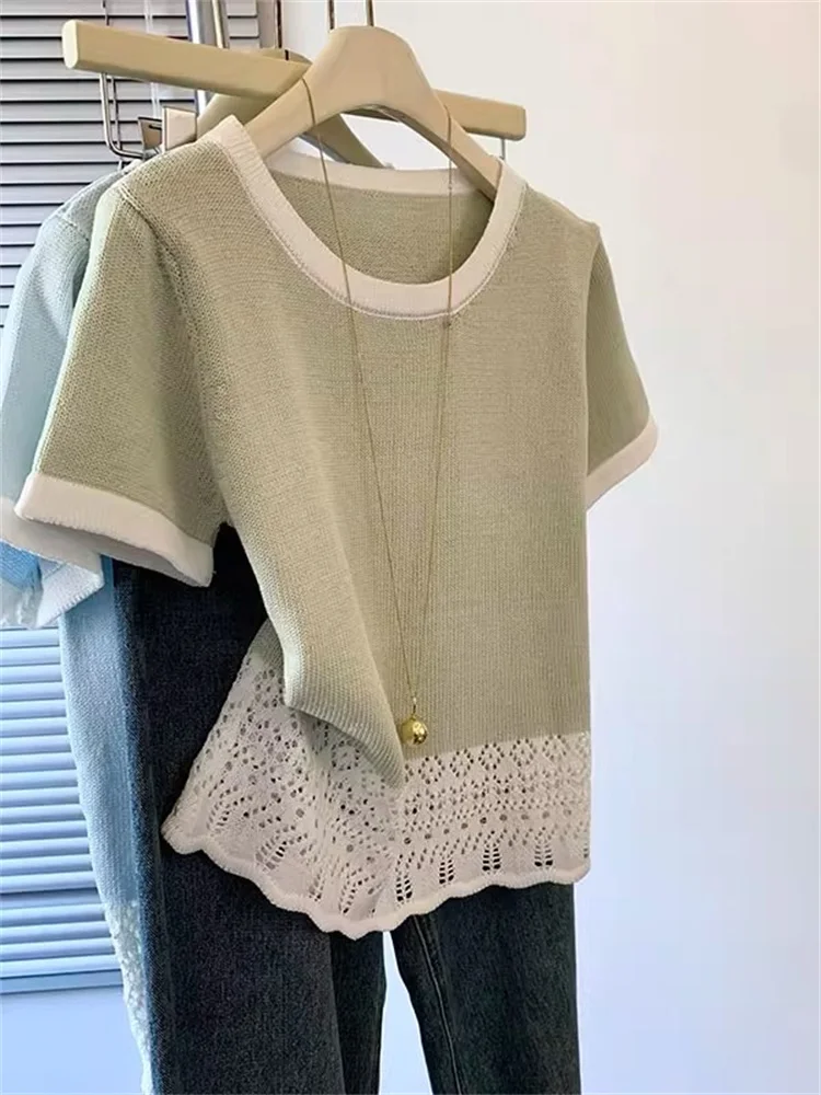 

Faionable Fre Lace Trim ort Sve T-irt ex Summer Color Blo round Ne Top Women's Korean Sle Casual Wear