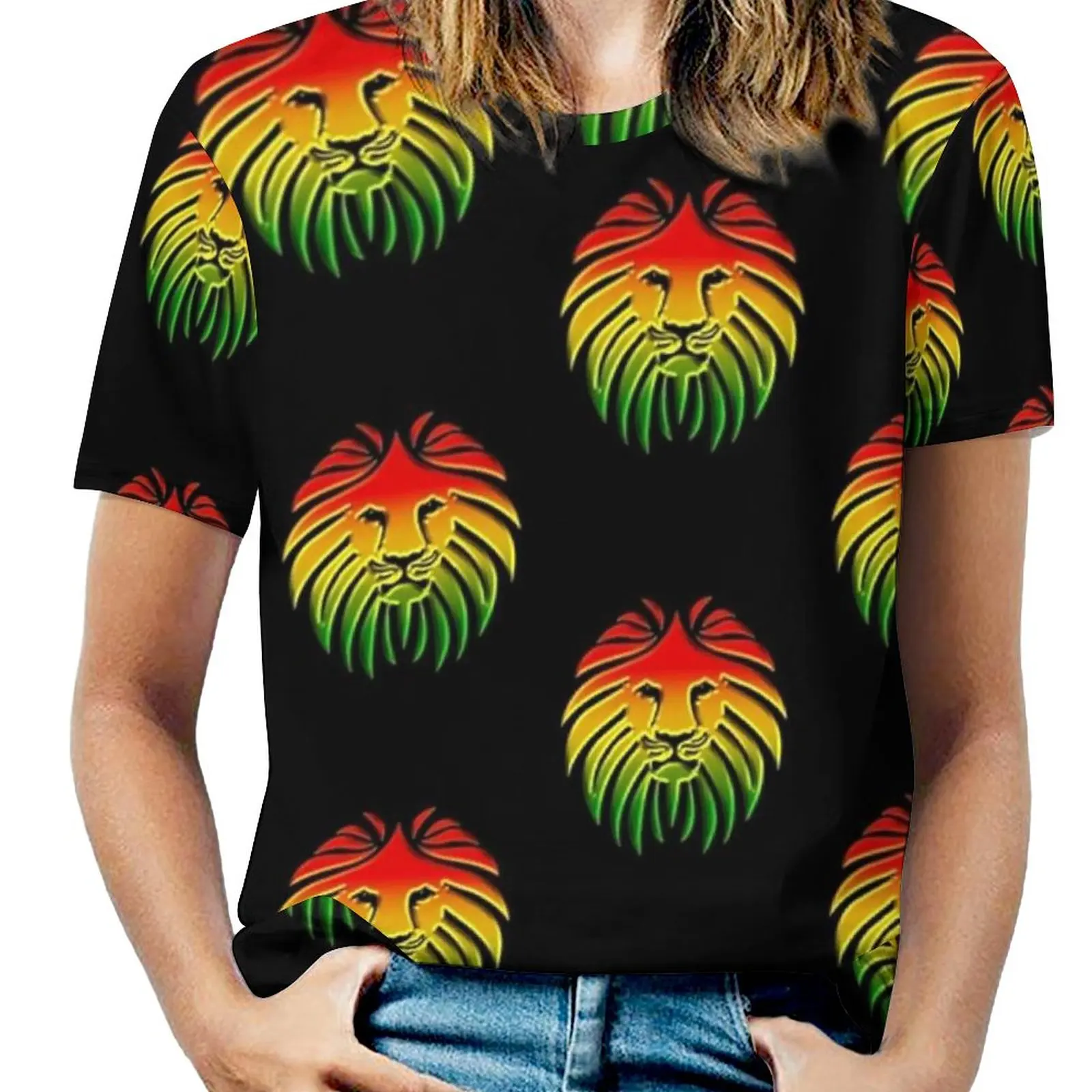 Like A Lion , Reggae , Rastafari , Africa , Jah , Jamaica , Fashion Print Women Ladies Girls T-Shirt Harajuku Round Neck Short