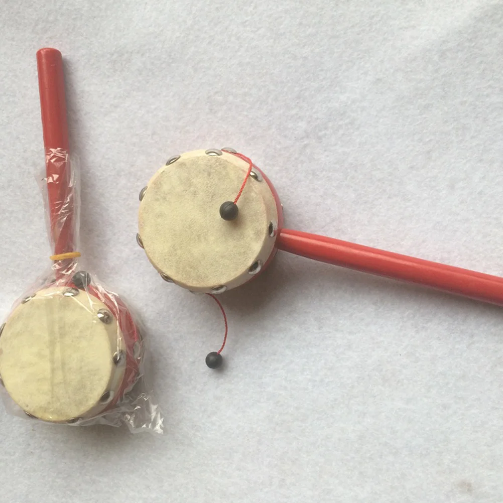 2Pcs Traditional Rattle Drum Baby Hand Bell Durable Painted Sheepskin Surface Infant Hearing and Hand Flexibility Training