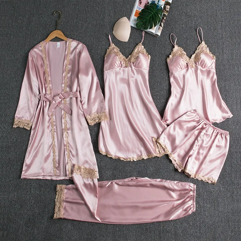 

Women's Summer Sexy Pajama Pants Set 5 Pieces Nightgown Nightdress Top Shorts Pants Set Lace Satin Silk Sleepwear Robe Sleepwear