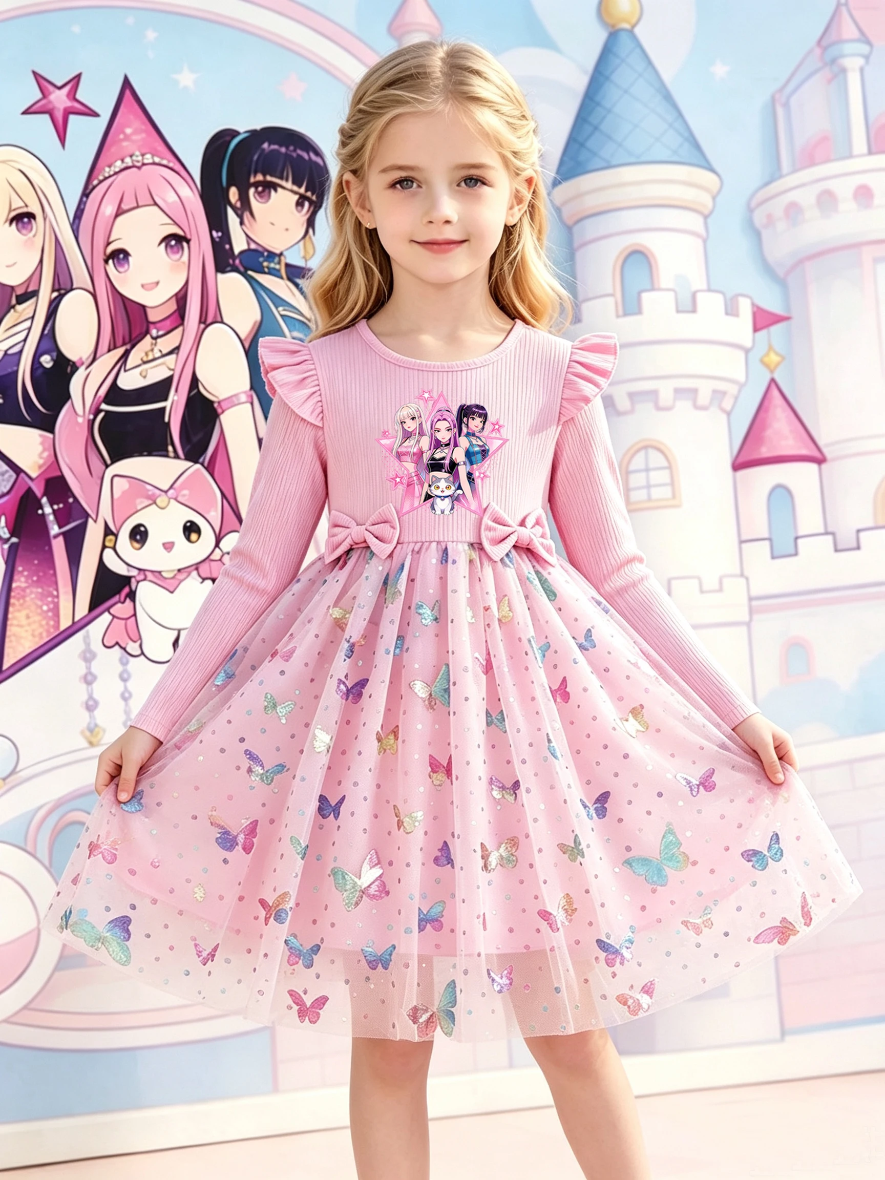 Langärmliges Tüllkleid für Mädchen, Cartoon-Druck, Schleifendekoration, Pailletten-Schmetterlings-Tüllrock, Herbst-Outfit im Prinzessinnen-Stil für Li – Detail 1