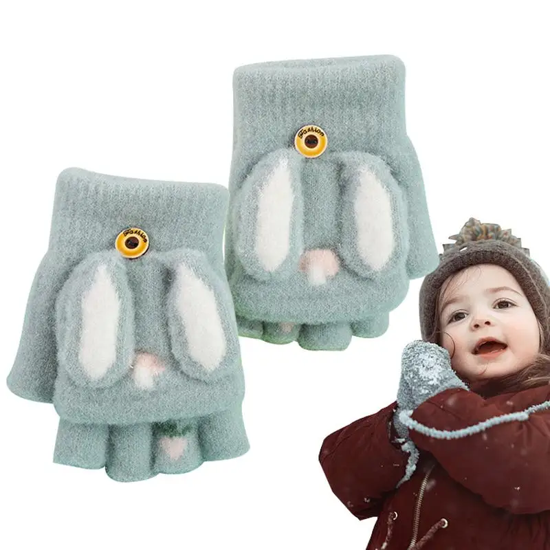 Kids Winter Gloves Knitted Half Finger Warm Gloves For Cold Weather Bunny Ear Convertible Typing Mittens For Girls And Boys Soft