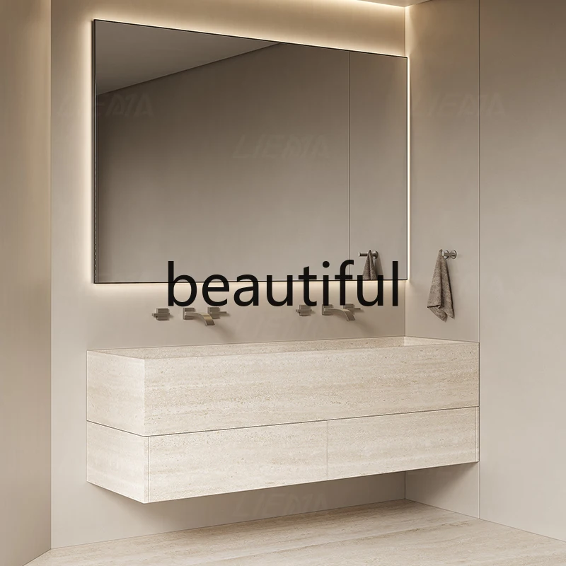 

Travertine wood grain rock slab integrated seamless basin hotel high-end bathroom cabinet combination face wash