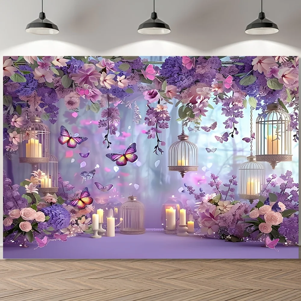 1-teiliger moderner Fotohintergrund aus Polyester mit Schmetterlings- und Blumenmuster, langlebiger Frühlings-Lila- und Rosabesatz