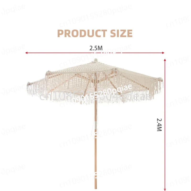 Bohemia Cotton Rope Parasols 2.5M Wooden Pole Handmade Tassels Woven Canopy Beach Umbrella with Macrame Fringe