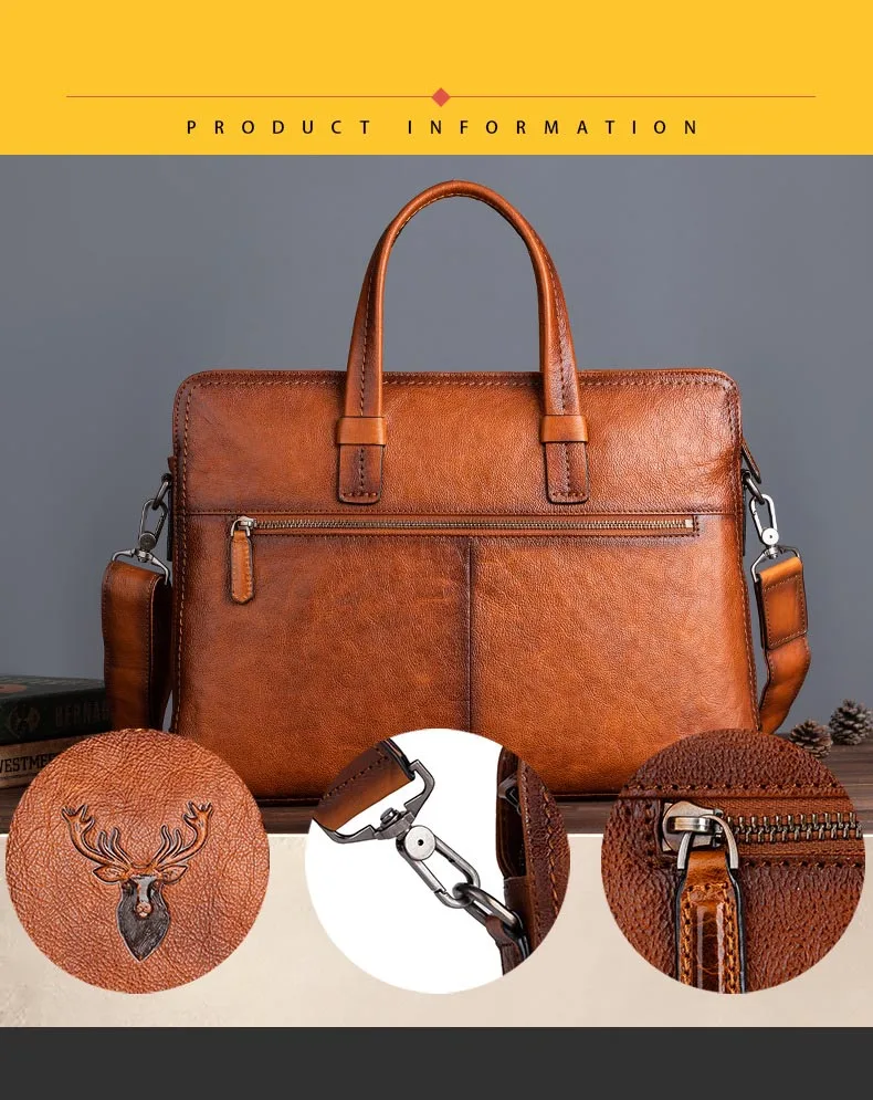 Retro Men's Briefcase Leather Casual Handbag Top Layer Cowhide Shoulder Bags Men Business Bag Pure Leather Laptop Tote Bags