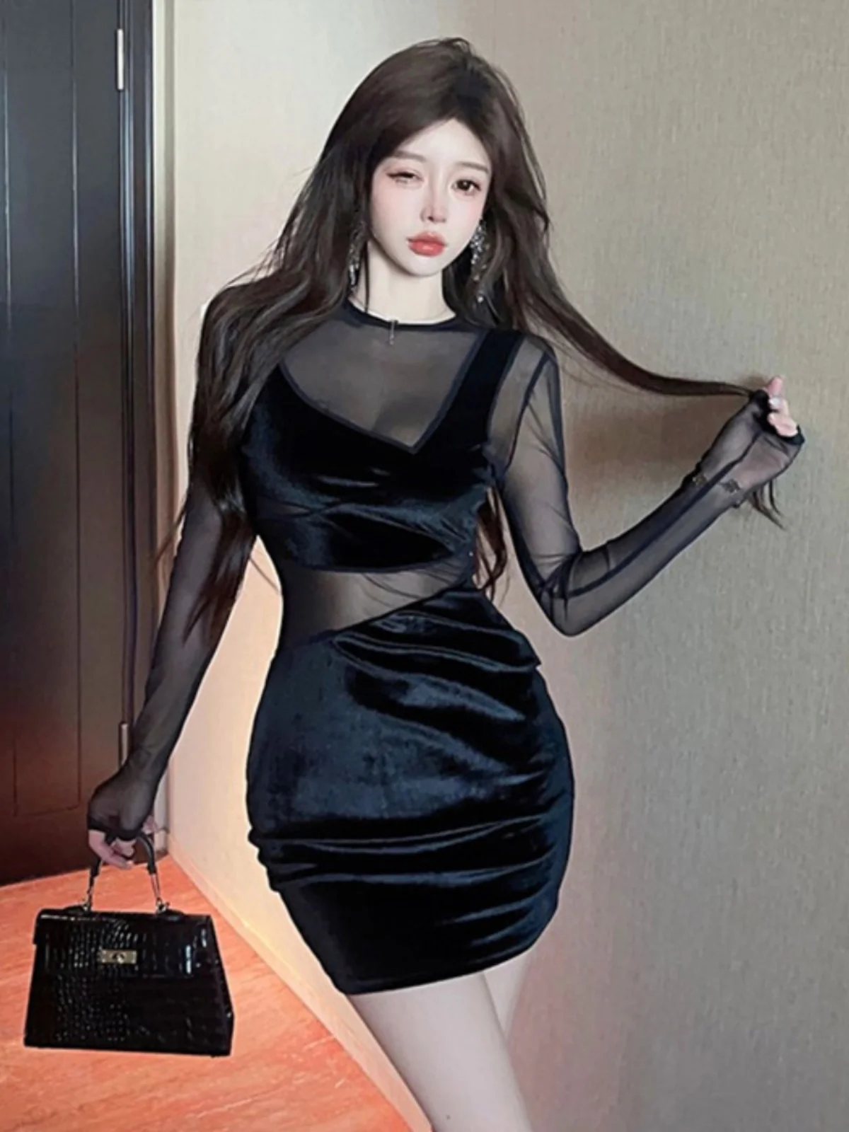 

Сексуальное Pure Desire Spicy Girl Me Splice See tough Bodycon Long Sve Dr Высокая талия из полиэфирного волокна Весна ort Dr