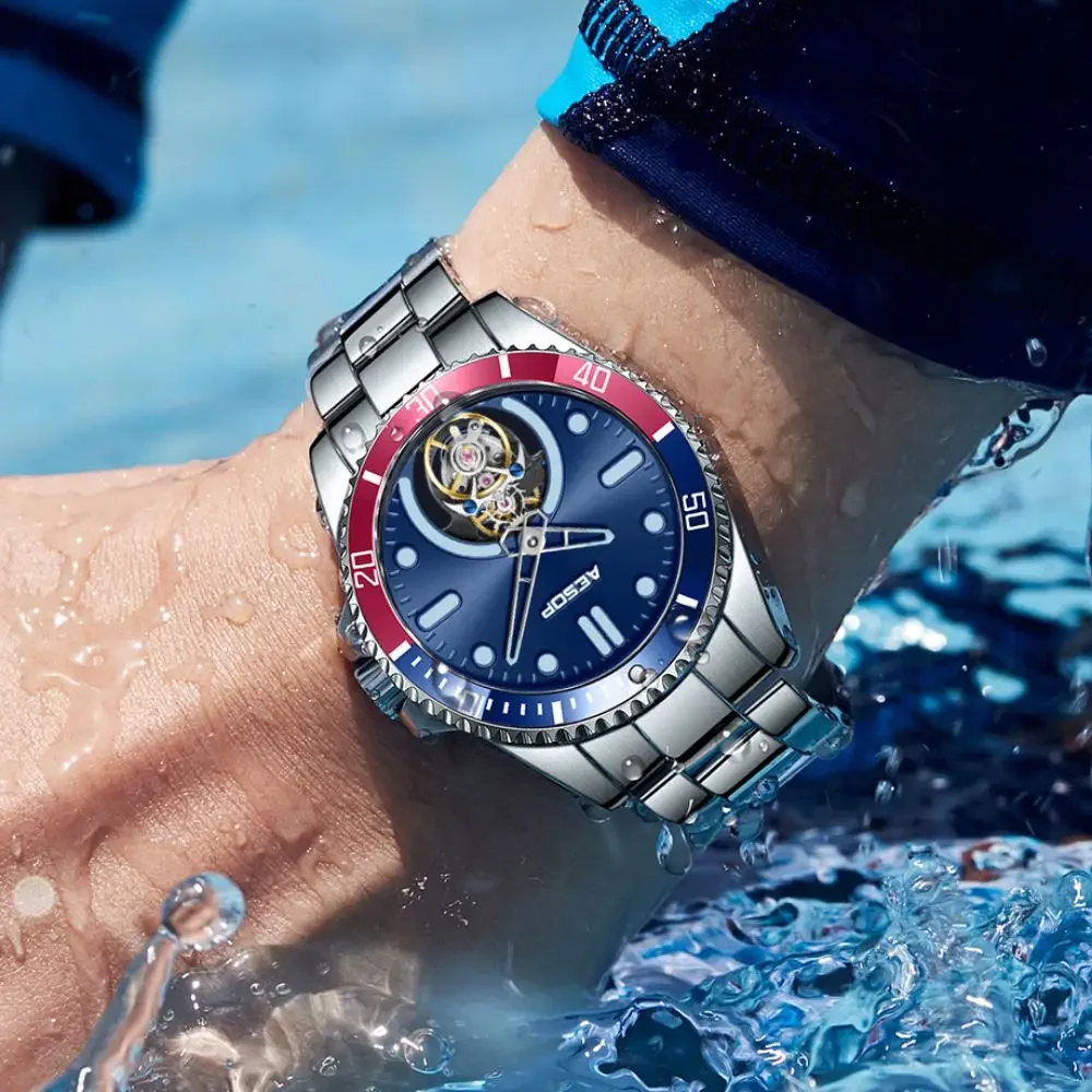 ايسوب توربيون ساعات رجالية شبح الماء الأخضر الياقوت 316L حزام الفولاذ المقاوم للصدأ الذكور ساعات المعصم الميكانيكية موضة فاخرة