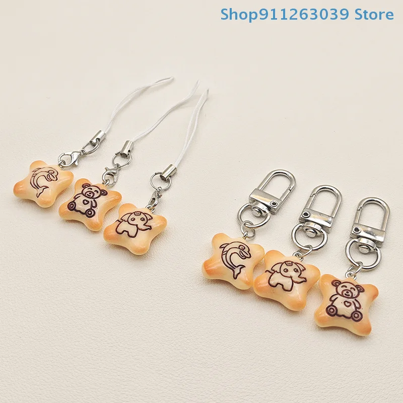 **Cute Animal Cookie Food Keychain Simulation Biscuit Keyring Phone Lanyard Cellphone Chain Lovely Bag Pendant For Couple Gifts