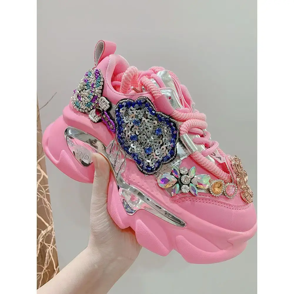 

Pink rhinestone sequined beaded women's shoes Hand-made platform casual sports women's shoes 35-40