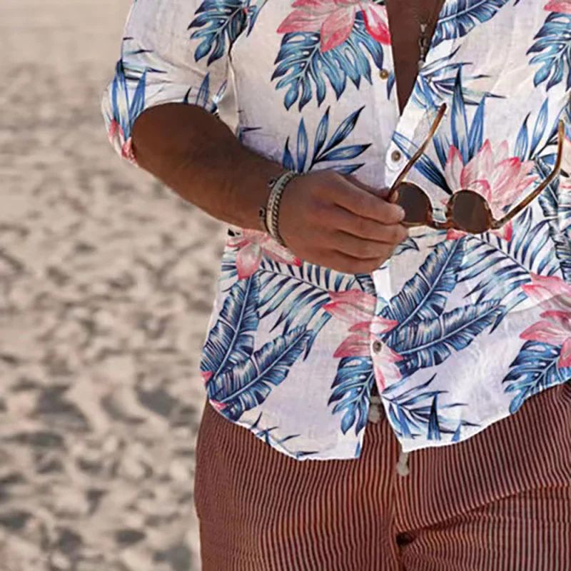 Chemise hawaïenne à manches longues pour hommes, chemisier boutonné, graphique de feuilles, confortable, vacances, été, 2024