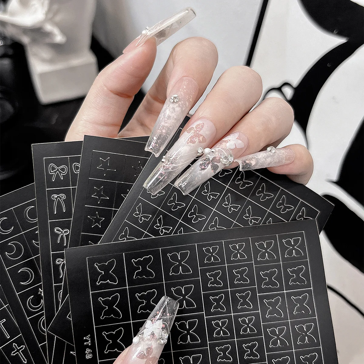 

1sheet Airbrush Stencil For Nails Heart Bow Stars Pattern Hollow Nail Sticker Templates For French Manicure Tips Nail Design