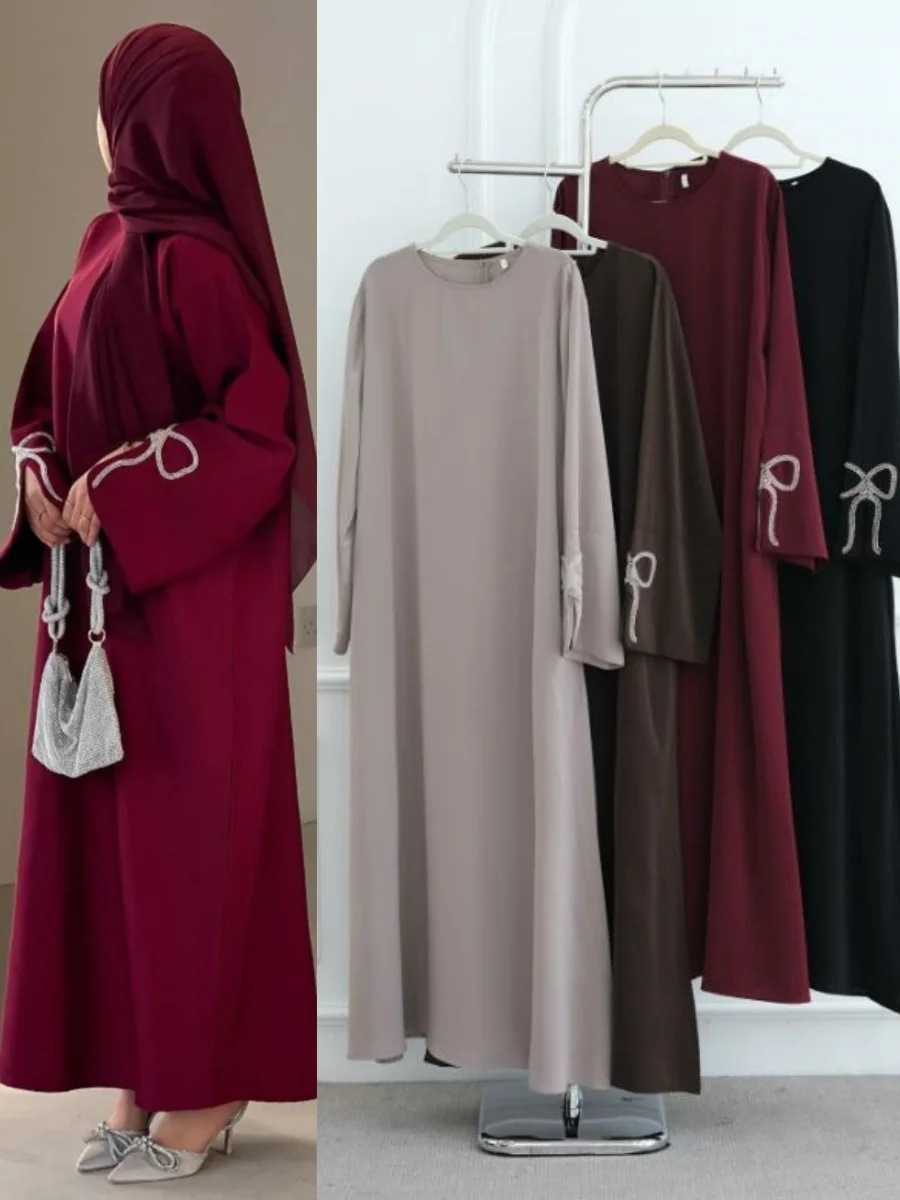 

Muslim Women Arabic Dubai Abaya Luxury hotfix rhinestone Bow Long Dress Modest Kaftan Robe Femme Evening Dresses Islam Clothing