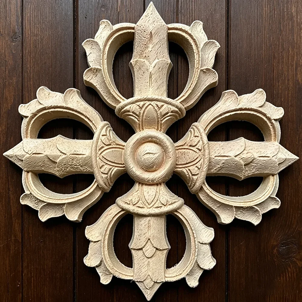 10-30cm Round Flower Exquisite Carving Natural Wood Appliques Furniture Wooden Mouldings Vintage Unpainted Accessories Decor