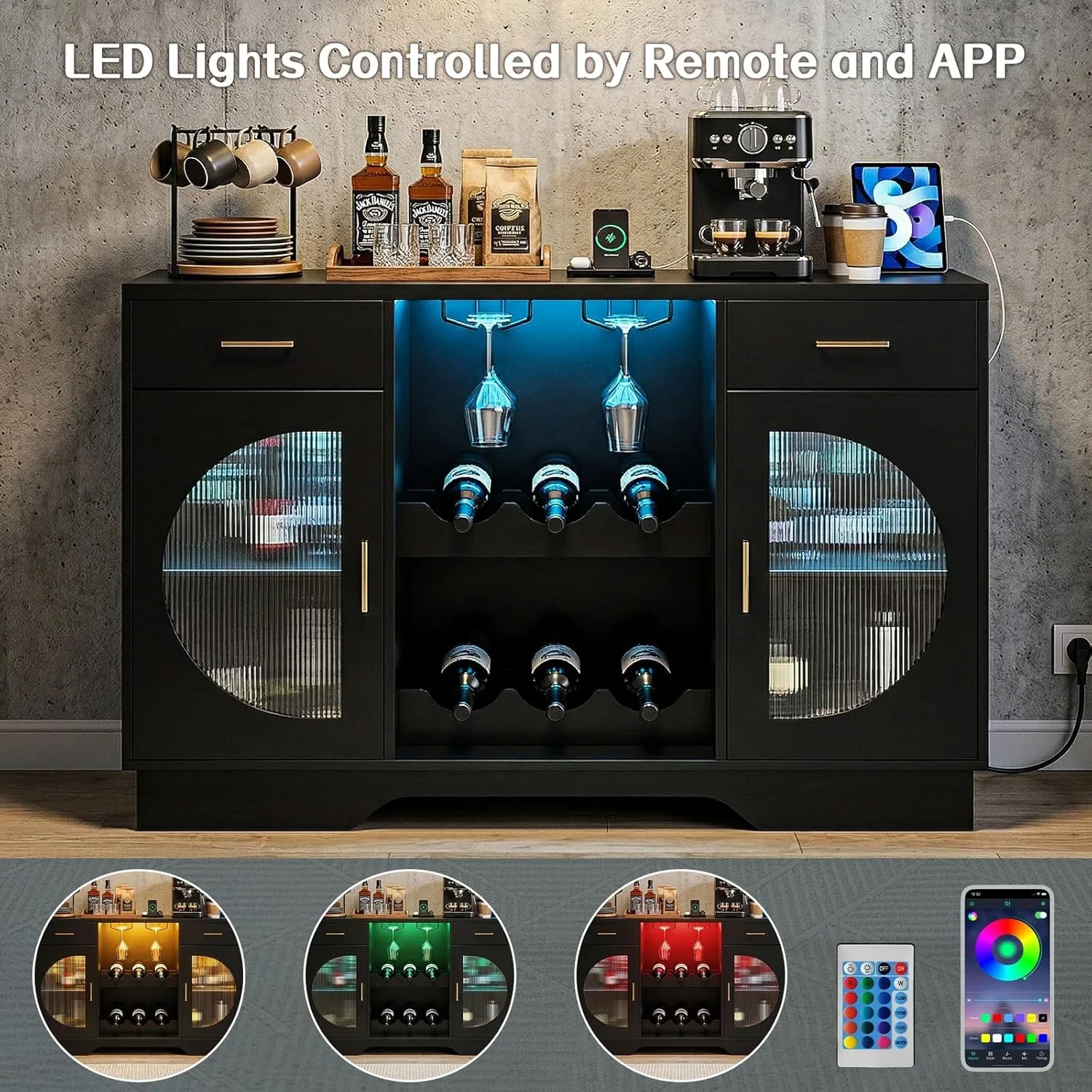 Coffee Bar Cabinet with Fridge Space Wine Bar LED Lights Power Outlet Glass Doors Freestanding Liquor Cabinet Black image 10