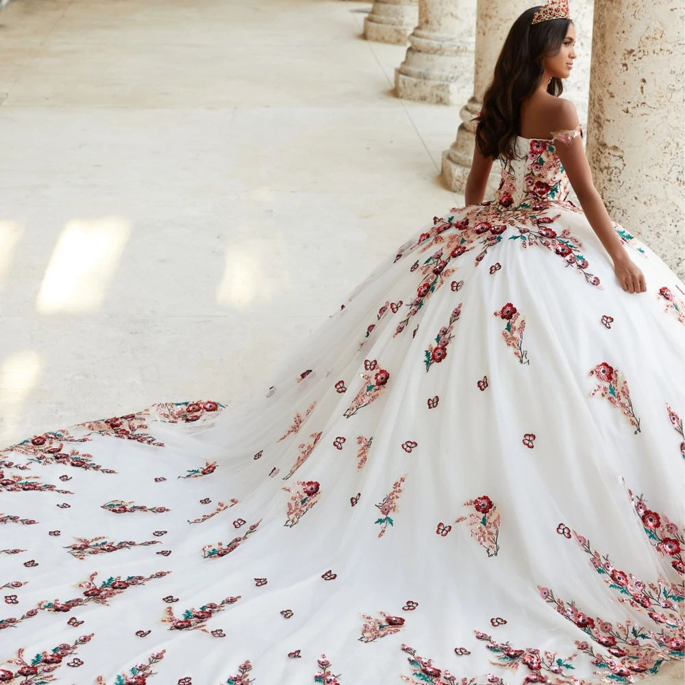 Lorencia White Quinceanera Dress Ball Gown Off The Shoulder Organza Appliques Embroidery Mexican Sweet 16 Prom 15 Anos YQD196