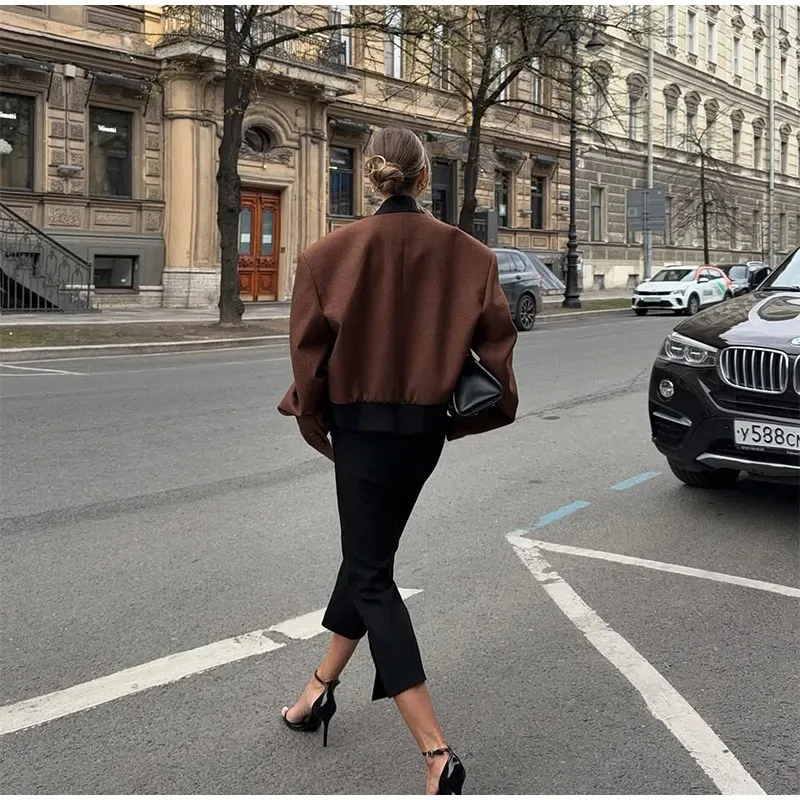 Women Vintage Lapel Neck Jackets Temperament Full Sleeve Pockets Short Jacket 2025 Autumn Lady Chic Daily Commute Outerwear