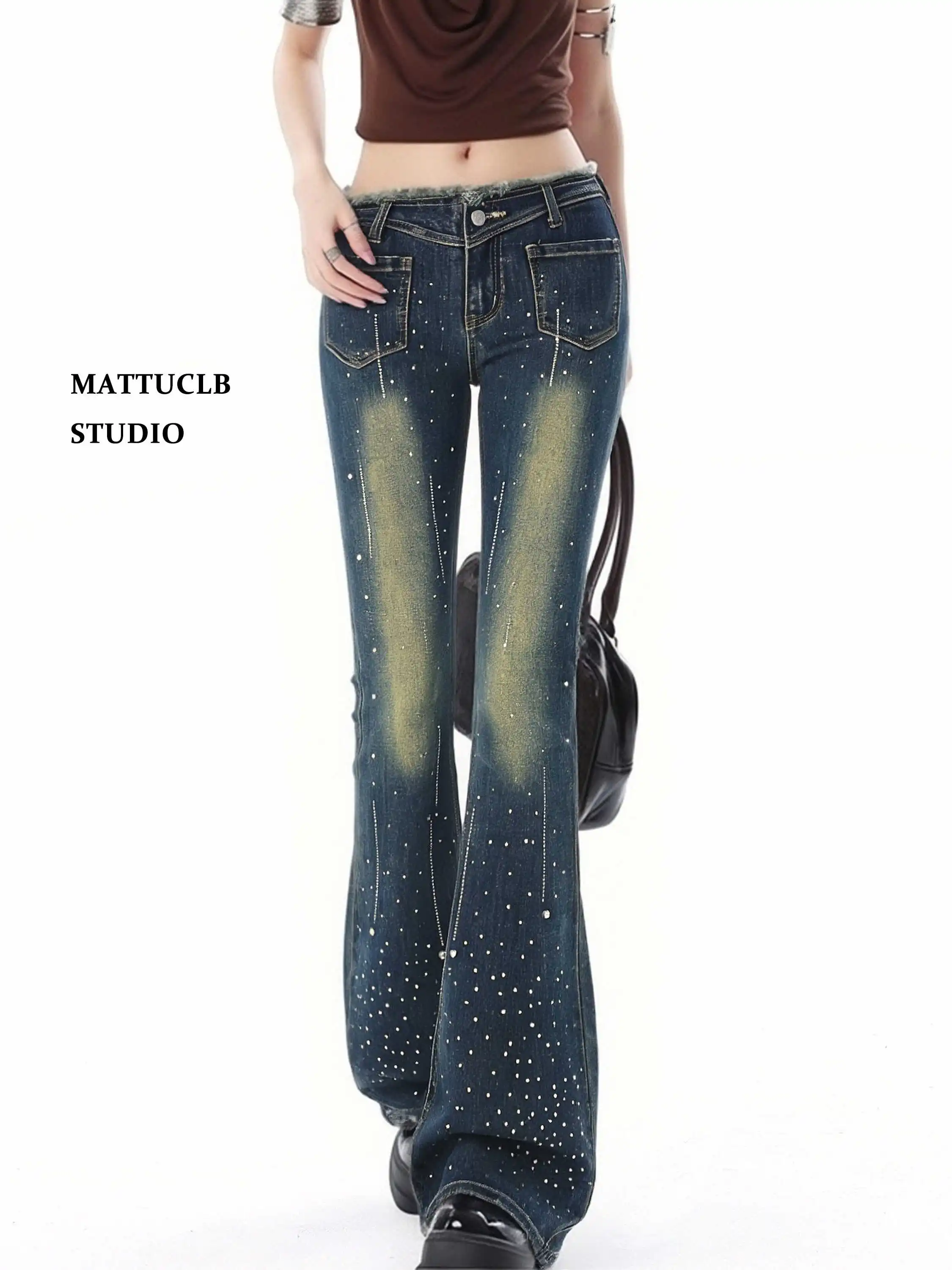 

Женские джинсы-клеш с низкой посадкой, украшенные стразами, в стиле панк, японский Abi Y2K, американский ретро-стиль, высокое качество