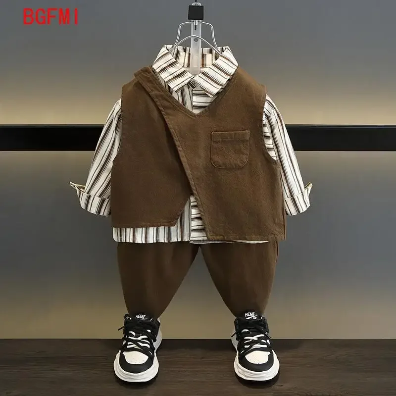 2-10Y Boys Clothing Set 2024 New Handsome Casual Spring and Autumn Baby Children's Vest T-shirt Pants 3 Piece Set Kids Outfits