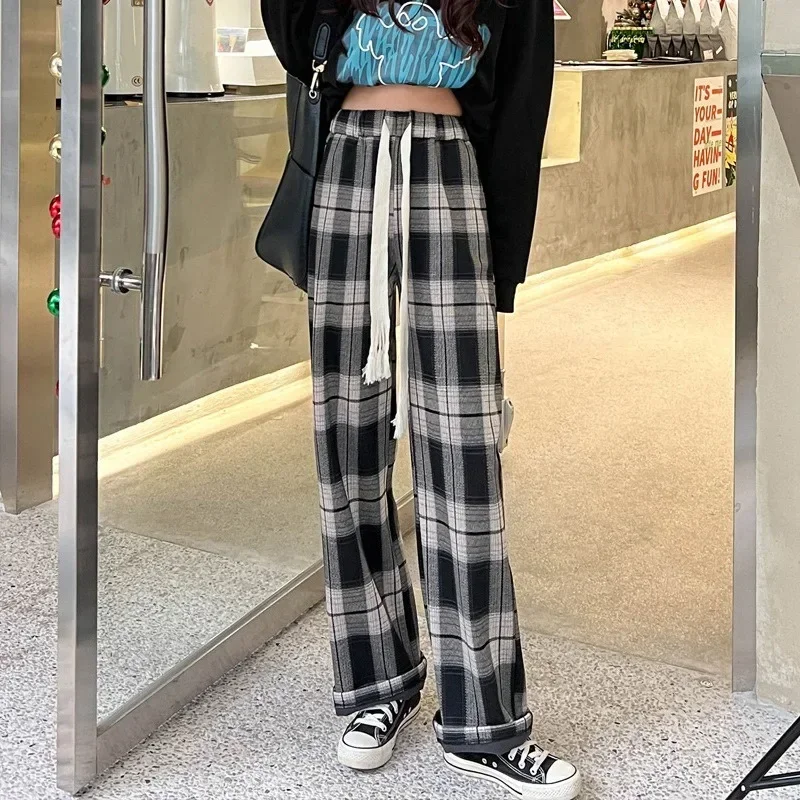 

Korean Style Vintage Harajuku Loose Plaid Pants Women Spring Autumn Unisex Couple Casual Wide Leg Trousers Y2k Streetwear Kpop