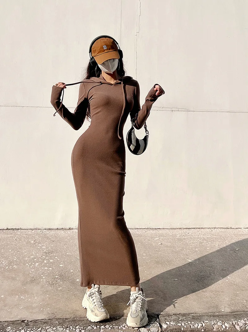 نمط الشارع فتاة حار مقنعين Bodycon فستان طويل الأكمام الرغبة النقية الخصر Cinching التخسيس التفاف حول تنورة طويلة #4