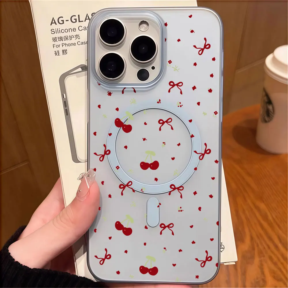 PC Hard Phone Case For Samsung Galaxy S23 S24 S25 S26 S21 FE Plus Ultra A56 A37 A36 A35 A57 Korean Cherry Bow Cover For MagSafe