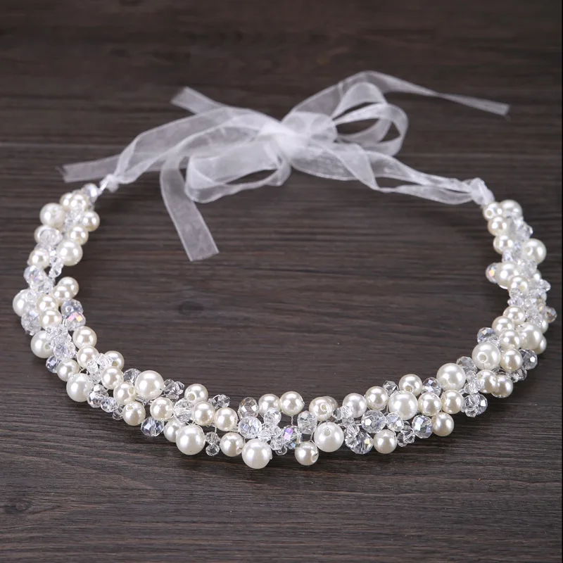 New Crystal Beads Ribbon Bridal Hairbands Women Pearl Headbands Rhinestone Beaded Head Piece Wedding Head Chain Hair Jewelry