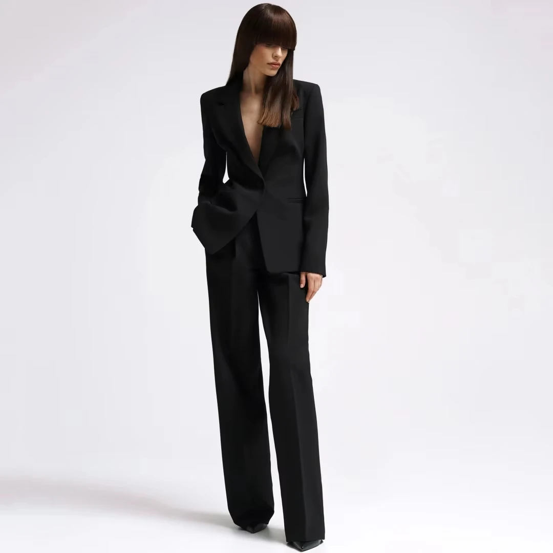 Women Suit 2 Pieces Black With Lapel Single Button For Wedding Party Business Work Daily Commute Casual Shopping Blazer And Pant