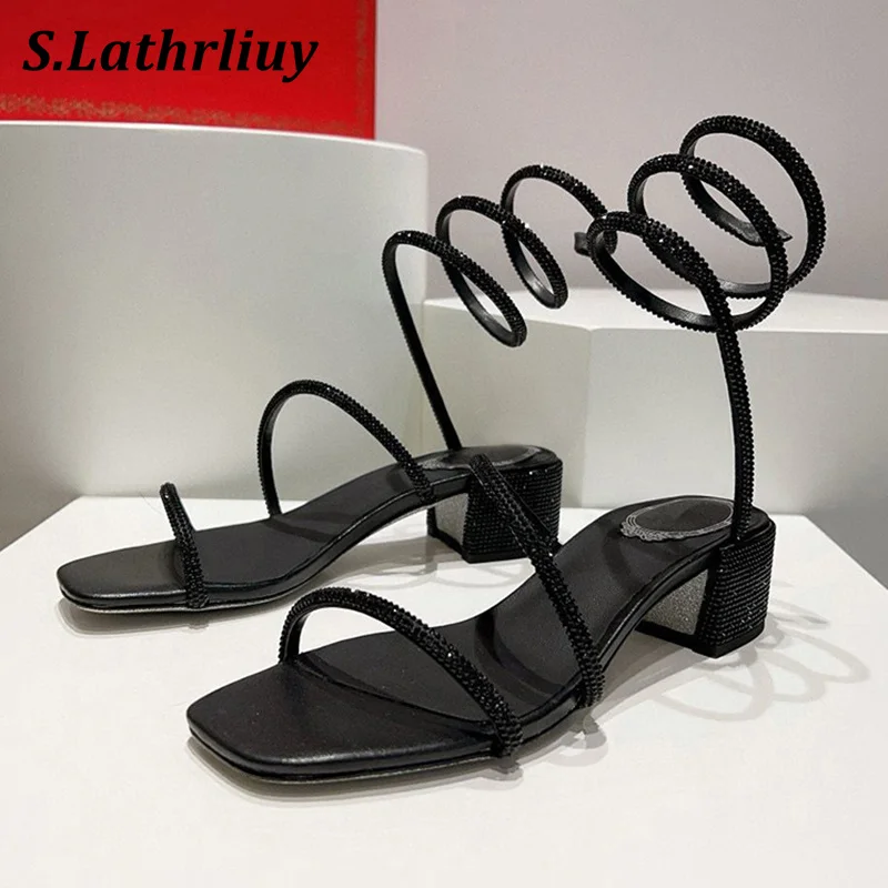 

Summer Chunky Heels Gladiator Sandals Women's Shiny Crystal Ankle Snake Twine Around Party Shoes Square Toe High Heels Sandalias