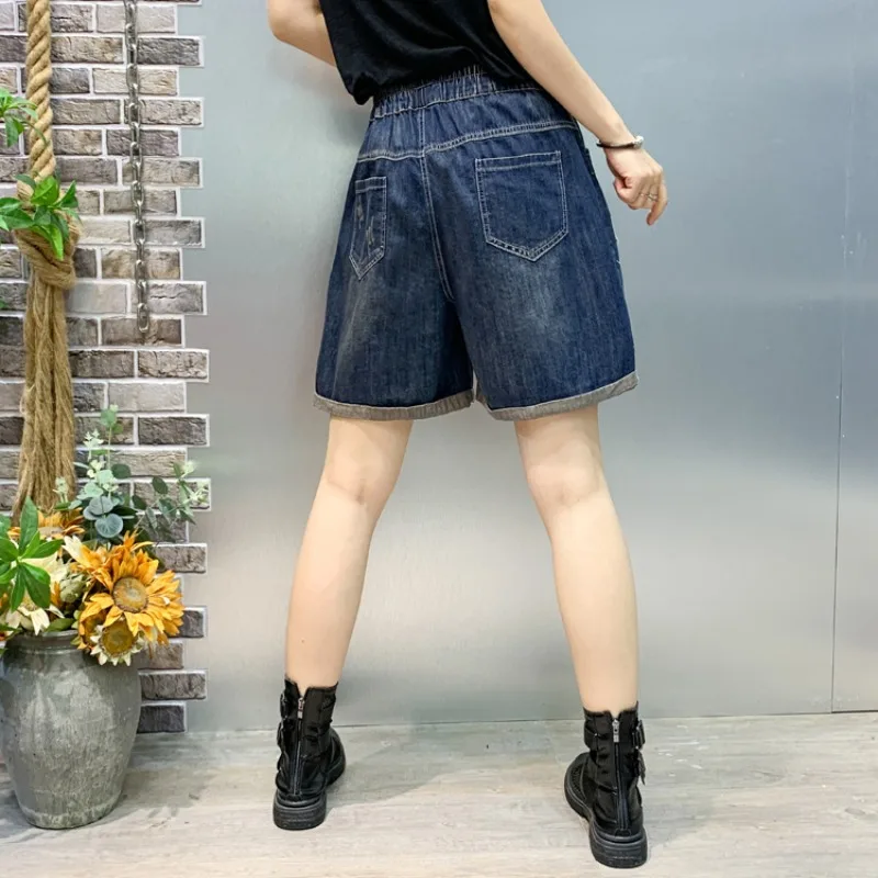 Women\'s Summer New Japan Style Vintage Sweet Embroidered Cuffs Straight Shorts Loose Elasticized High-waisted Drawstring Jeans