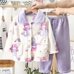 Pijamas de franela suave para niños y niñas, conjuntos de ropa de dormir con dibujos animados, Tops gruesos y cálidos con solapa y pantalones, invierno, 2023