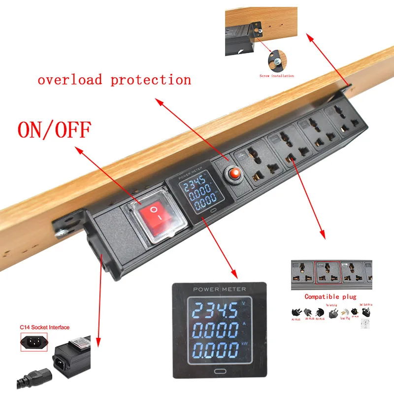 PDU power strip overload protection Hidden socket Universal compatible US EU UK AU Thailand plug socket Digital display ammeter