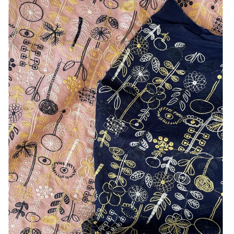 

Pink and navy blue exquisite floral embroidery ramie cotton colorful fabric for clothing handcrafted polyester fabric