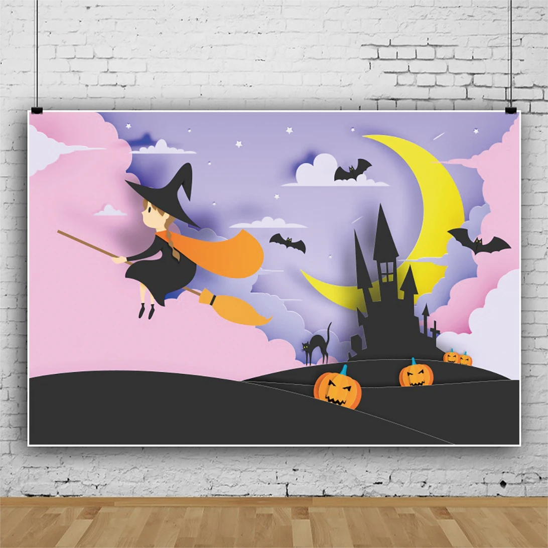 Laeacco Pink Kartun Labu Hantu Penyihir Fotografi Latar Belakang Halloween Bertema Anak Perempuan Ulang Tahun Bayi Mandi Foto Latar Belakang