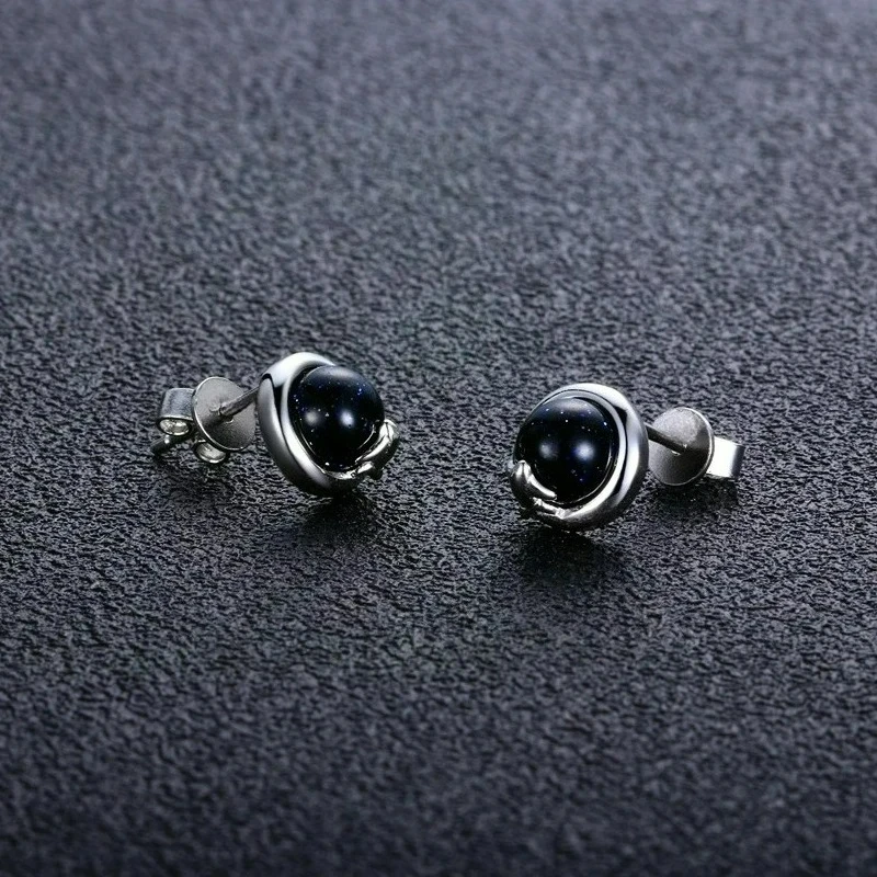 Simple Round Outer Space Stud Earrings Natural Blue Sandstone Silver Earring for Women Men Party Fashion Wedding Jewelry