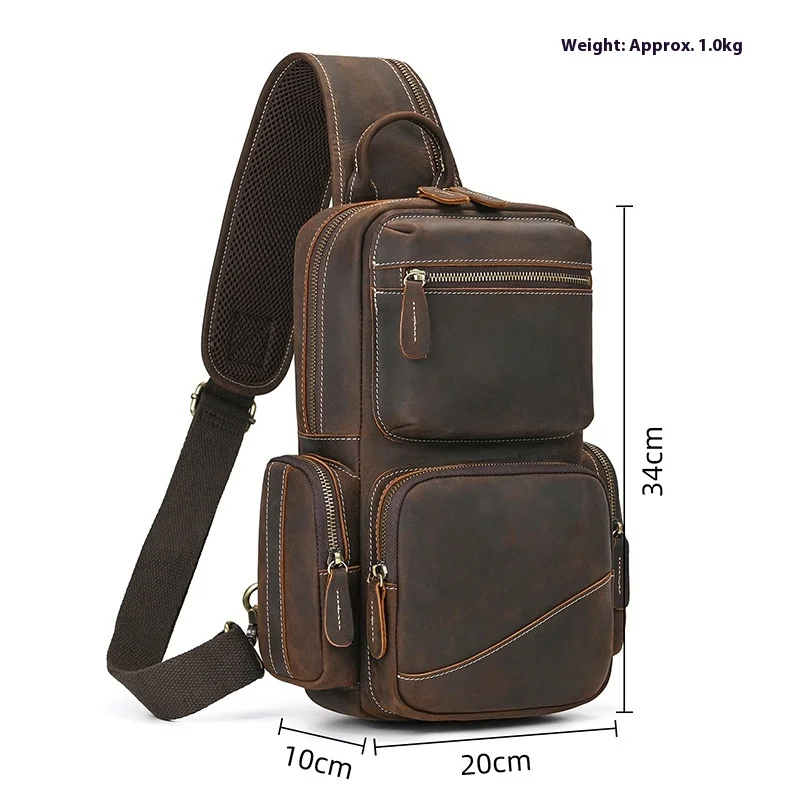 Water-Resistant Outdoor Chest Pack for Men Genuine Crazy Horse Leather Vintage Crossbody Sling Zipper Pockets Shoulder Bag