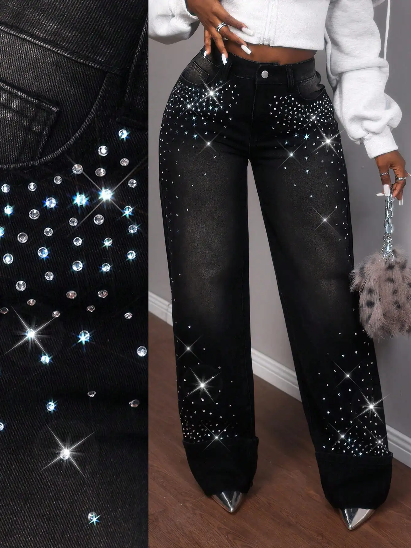 

Женские джинсы с широкими штанинами, украшенные стразами, с высокой талией, свободного кроя, повседневные джинсовые брюки