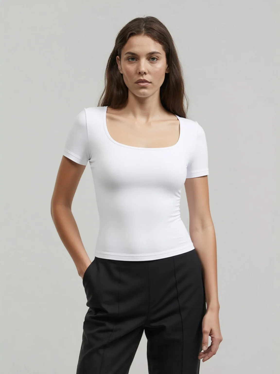 3-Piece Women's Pure Color Simple and Elegant Square Collar Short-Sleeved Slim Knitted High-Elastic Top T-Shirt