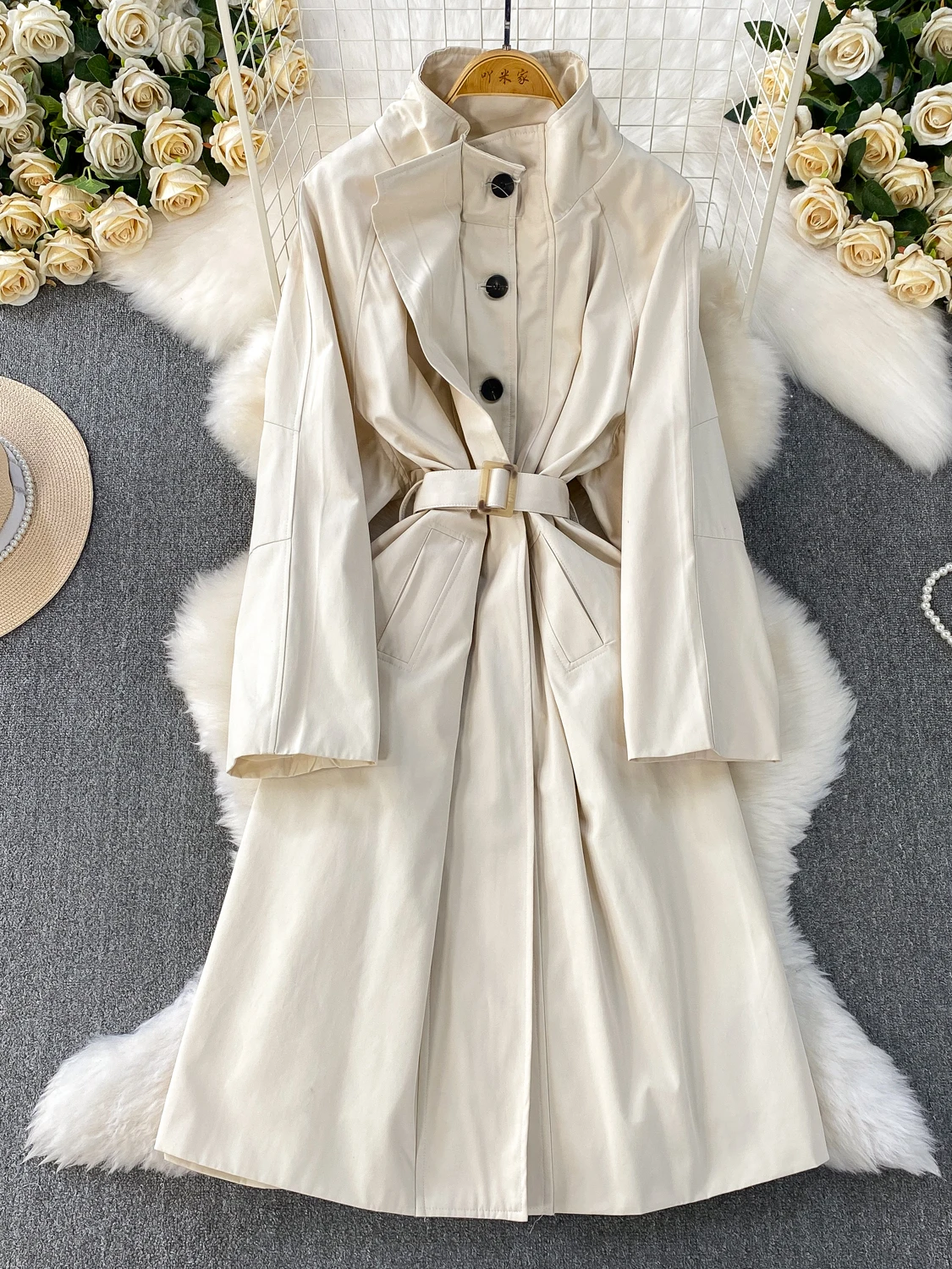 Ele Long Sve Stand Collar Dr Women's Mid-Length A-Line Windbreaker Waist-Cinched Single Button Autumn Faion