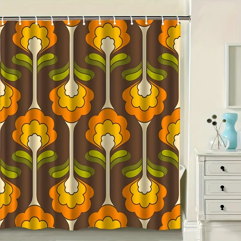 

Retro Floral Shower Curtain, 70s Style Geometric Flower Print, Vintage Boho Bathroom Decor, Waterproof Fabric Panel