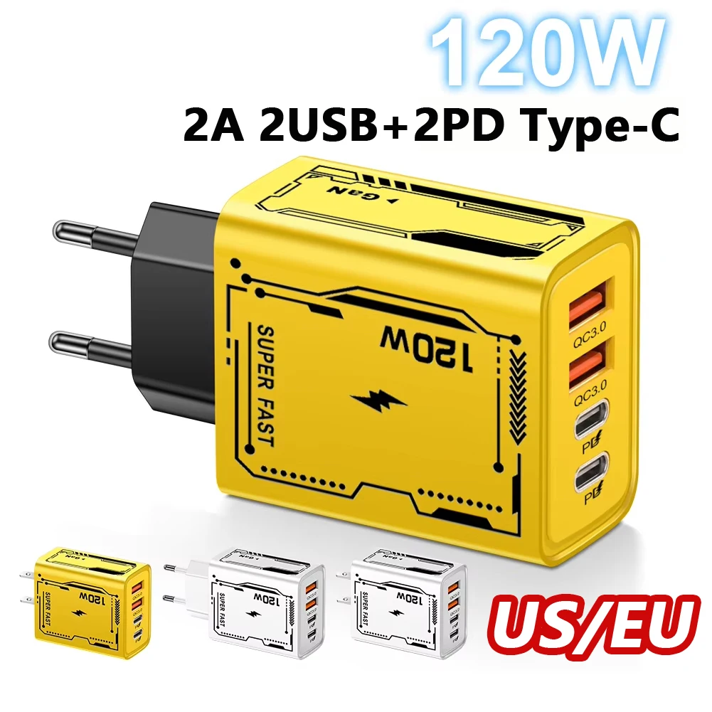 120W Charging 4 Ports USB C Wall Charger QC3.0 PD Power Adapter for iPhone 16 15 for Huawei for Samsung for Xiaomi