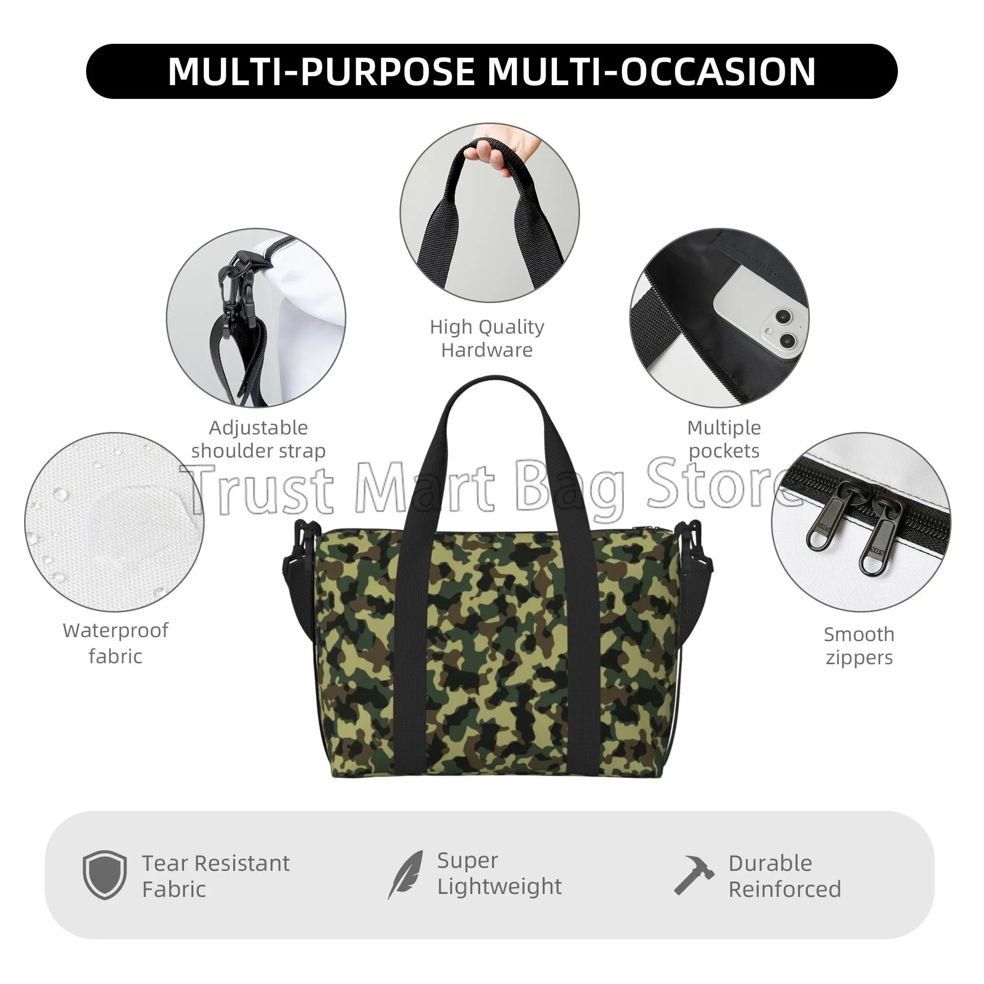 Camo Green Print Duffel Bags Sports Gym Yoga Travel Hand Bag Foldable Overnight Weekender Bags with Adjustable Shoulder Strap