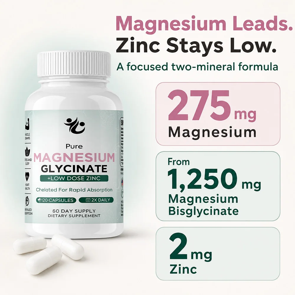Pure Magnesium Glycinate with Zinc - Maximum Strength Chelated Magnesium Supplement for Muscle Cramps and Sleep Support