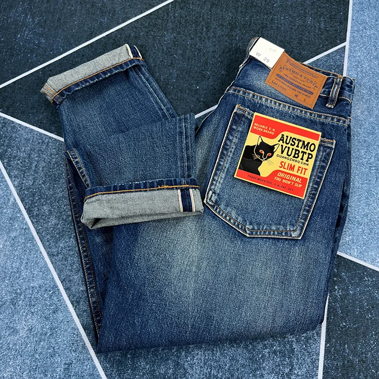 14oz Jeans Denim Selvadge merah untuk pria celana ketat katun dicuci pria tebal Vintage Amerika asli celana panjang Slim Fit