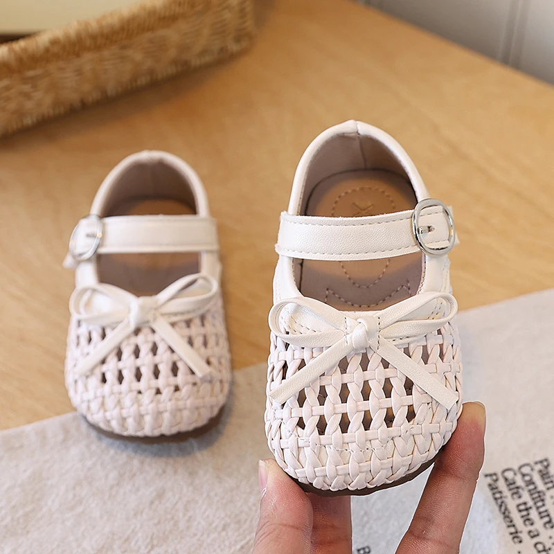 Girls Walking Shoes Sweet Bowknot Kids Casual Shoes Soft Bottom Non-slip 2026 Summer New Baby Woven Flat Shoes Korean Style