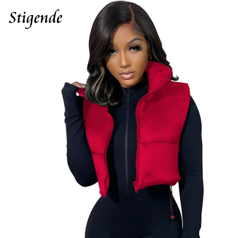 Stigende feminino gola alta preto colheita colete leve fino sem mangas puffer jaqueta casual zippper cordão curto regata