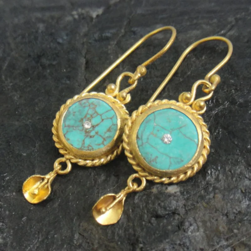 Vintage Round Inlaid Green Stone Earrings Ancient National Style  Gold Color Hand Carved Patterns Hook Dangle Earrings