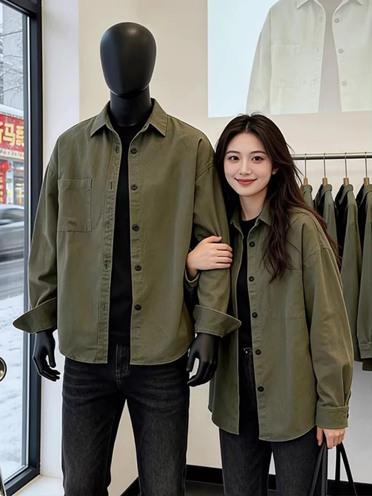 

Military Green Washed Pure Cotton Casual Long Sleeve Shirt Men's Spring Neutral Style Couple's Outerwear Standard Fit Shirt